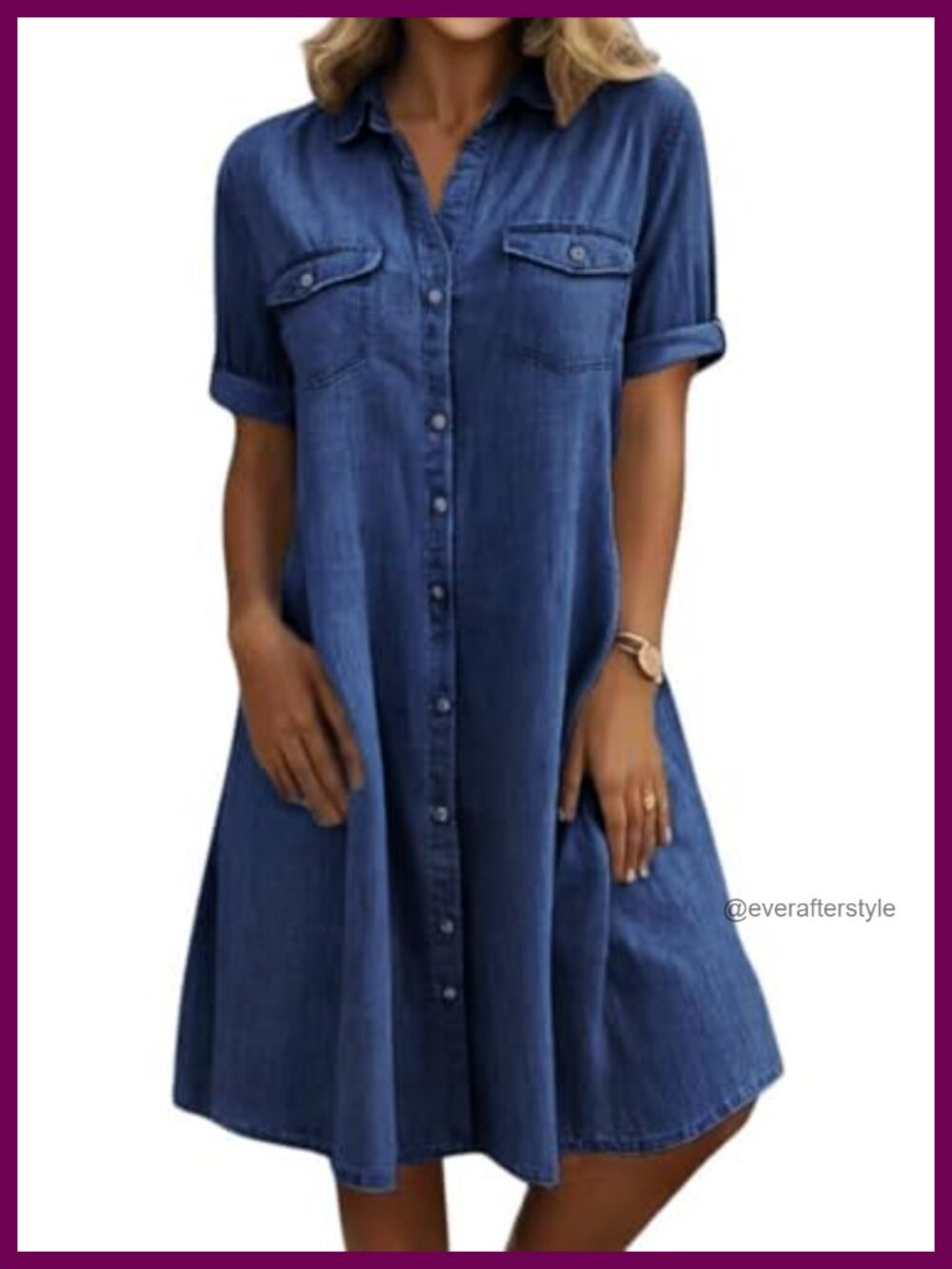 Women's Denim Shirt Dress Short Sleeve Midi Button Down A-Line